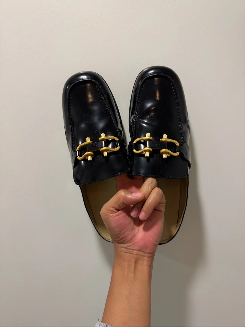 Bottega Veneta Black Leather Slip-On Loafers with Gold Hardware